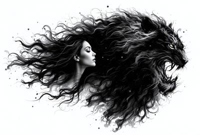 The primary subject of the image is a woman with long, curly hair. She is the main focus of the image, and her hair is the most prominent feature. The setting is a black and white background, which adds a dramatic and artistic touch to the scene. The visual style is a combination of a photo and a drawing, creating a unique and captivating image. The colors and mood of the image are predominantly dark and moody, with the woman's hair being the only bright and vibrant element